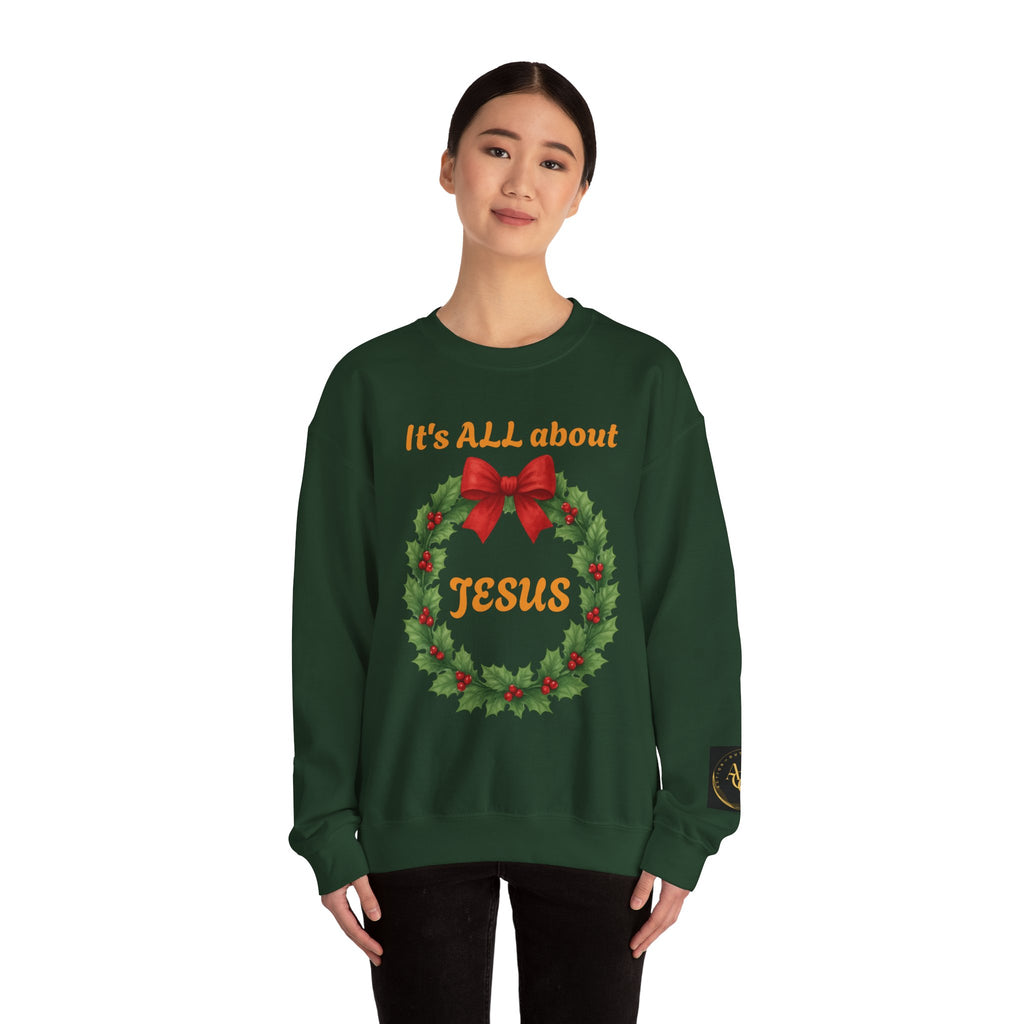 It's ALL About Jesus wreath Crewneck Sweatshirt | Christmas Religious Holiday