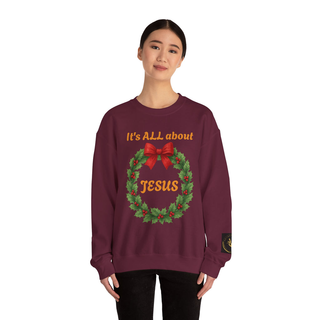 It's ALL About Jesus wreath Crewneck Sweatshirt | Christmas Religious Holiday