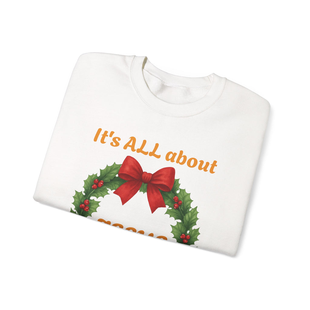 It's ALL About Jesus wreath Crewneck Sweatshirt | Christmas Religious Holiday