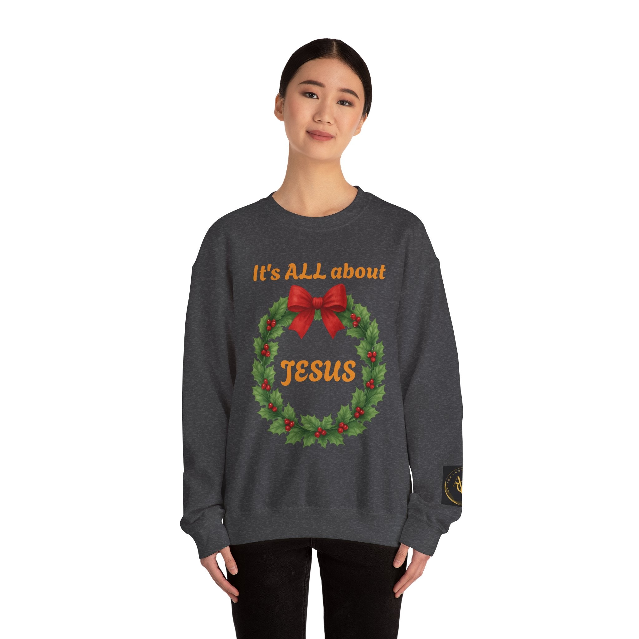 It's ALL About Jesus wreath Crewneck Sweatshirt | Christmas Religious Holiday